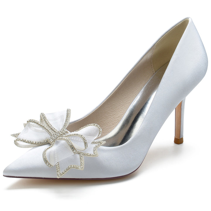 Women's Wedding Silk Satin Pointed Toe Stiletto Heel Bridal Shoes with Crystal Bow