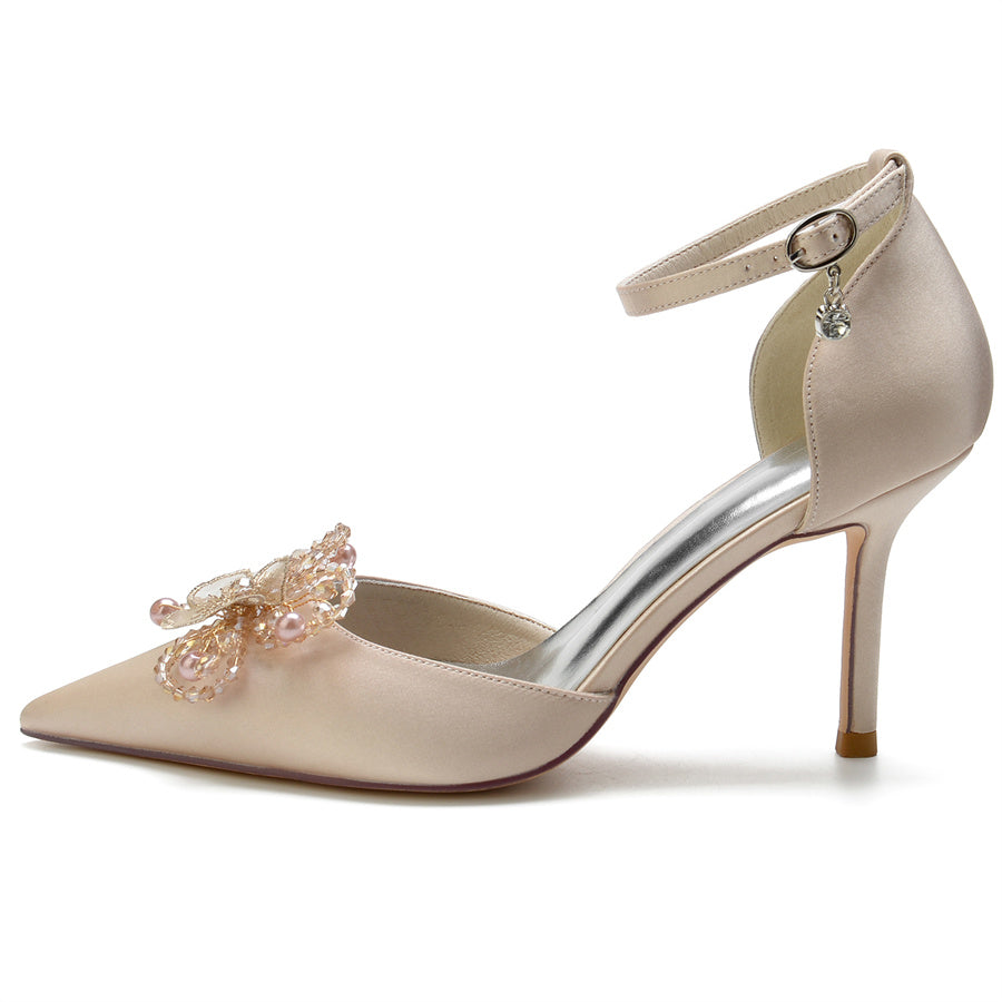 Women's Wedding Shoes Pointed Toe Stiletto Heel Bridal Shoes with Pearl Flowers