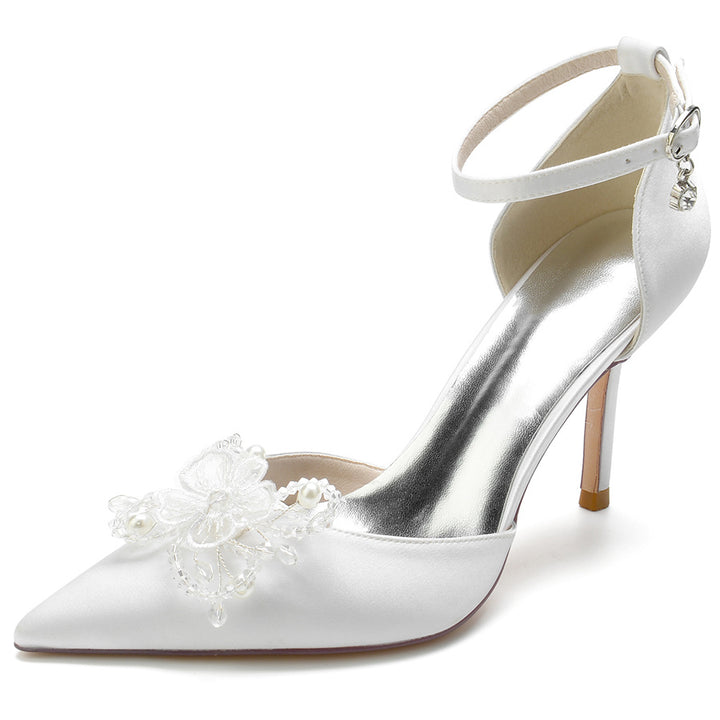 Women's Wedding Shoes Pointed Toe Stiletto Heel Bridal Shoes with Pearl Flowers