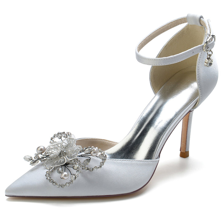 Women's Wedding Shoes Pointed Toe Stiletto Heel Bridal Shoes with Pearl Flowers