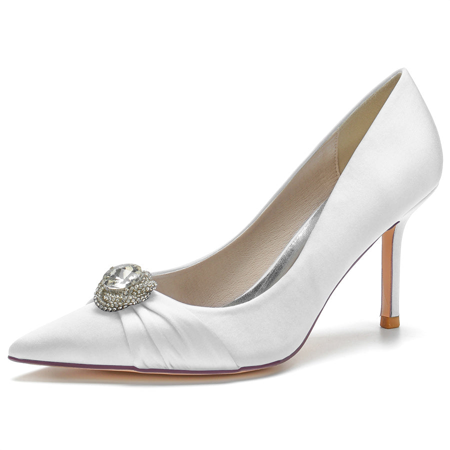 Women's Wedding Silk Satin Stiletto Heel Pointed Toe Bridal Shoes with Big Crystal