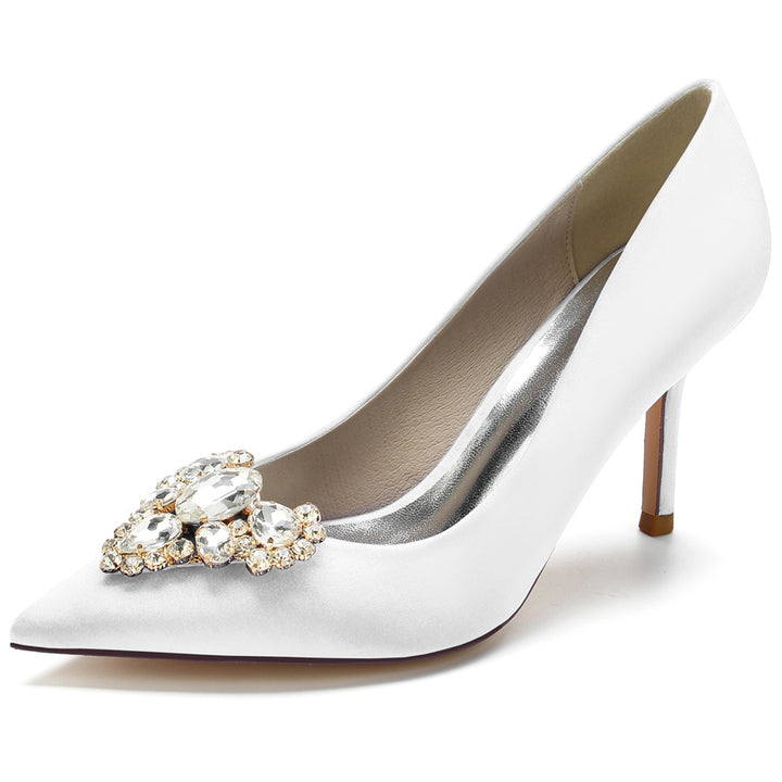 Women's Wedding Pointed Toe Elegant Stiletto Heel Bridal Shoes with Heart Rhinestones