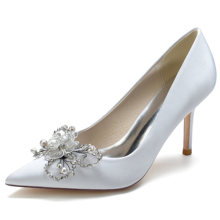 Women's Wedding Pointed Toe Elegant Stiletto Heel Bridal Shoes with Pearls & Flower