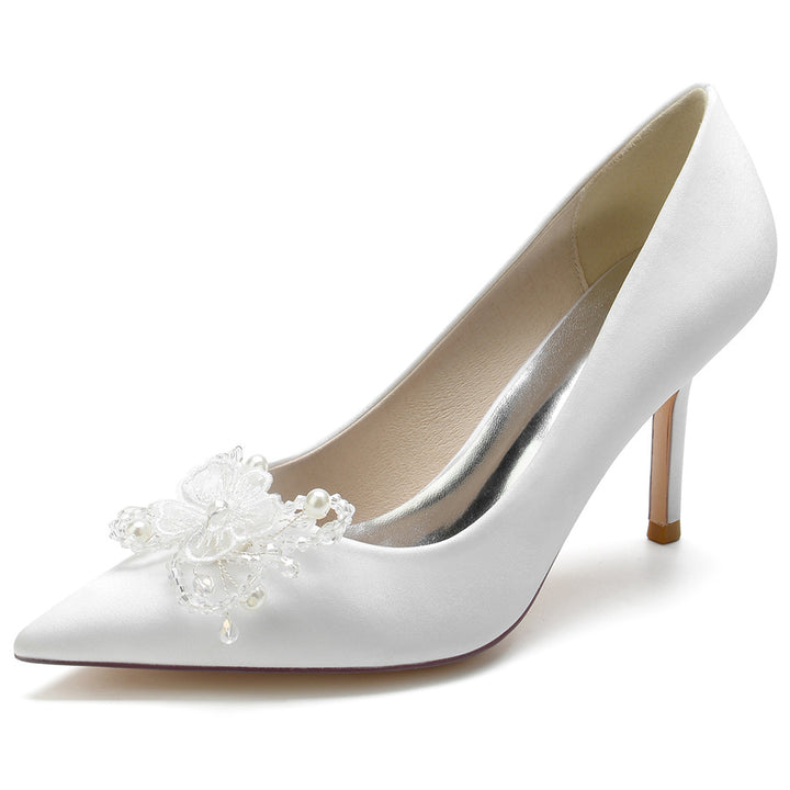 Women's Wedding Pointed Toe Elegant Stiletto Heel Bridal Shoes with Pearls & Flower