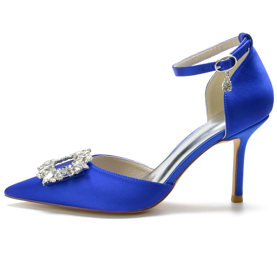 Women's Wedding Shoes Pointed Toe Buckle Bridal Shoes with Square Rhinestones