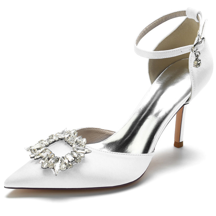 Women's Wedding Shoes Pointed Toe Buckle Bridal Shoes with Square Rhinestones