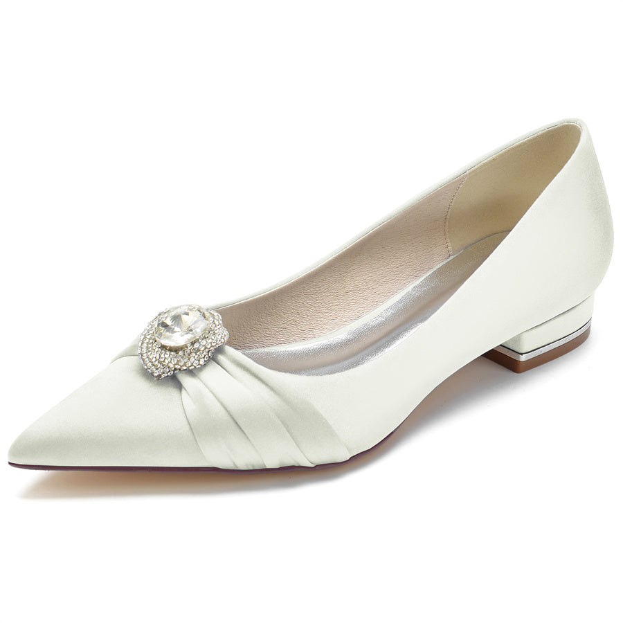 Women's Wedding Shoes Low Heel Pointed Toe Bridal Shoes with Round Rhinestones