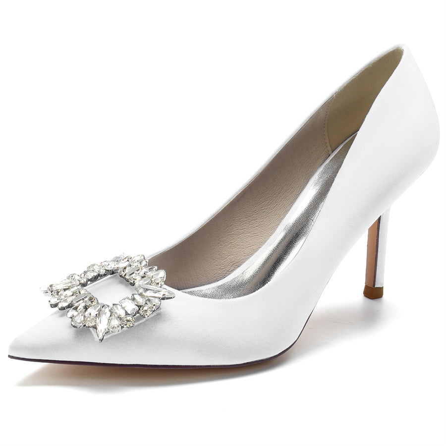 Women's Wedding High Heel Pointed Toe Bridal Shoes with Square Rhinestones