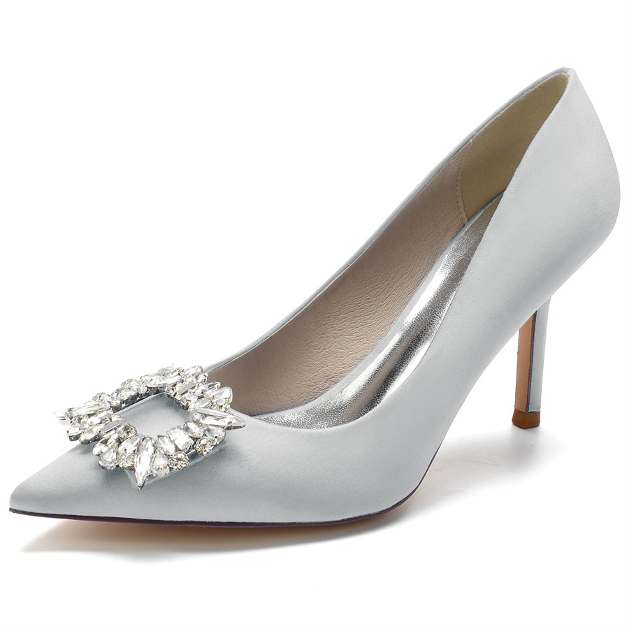 Women's Wedding High Heel Pointed Toe Bridal Shoes with Square Rhinestones