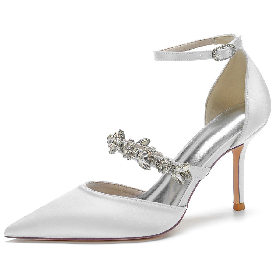 Women's Wedding Shoes Pointed Toe Buckle High Heel Bridal Shoes with Crystals Strap