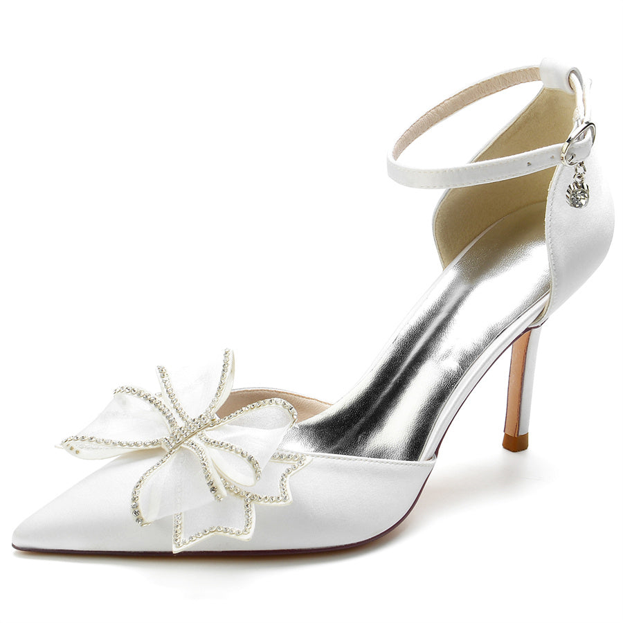 Women's Wedding Shoes Pointed Toe High Heel Bridal Shoes with Crystals Bow