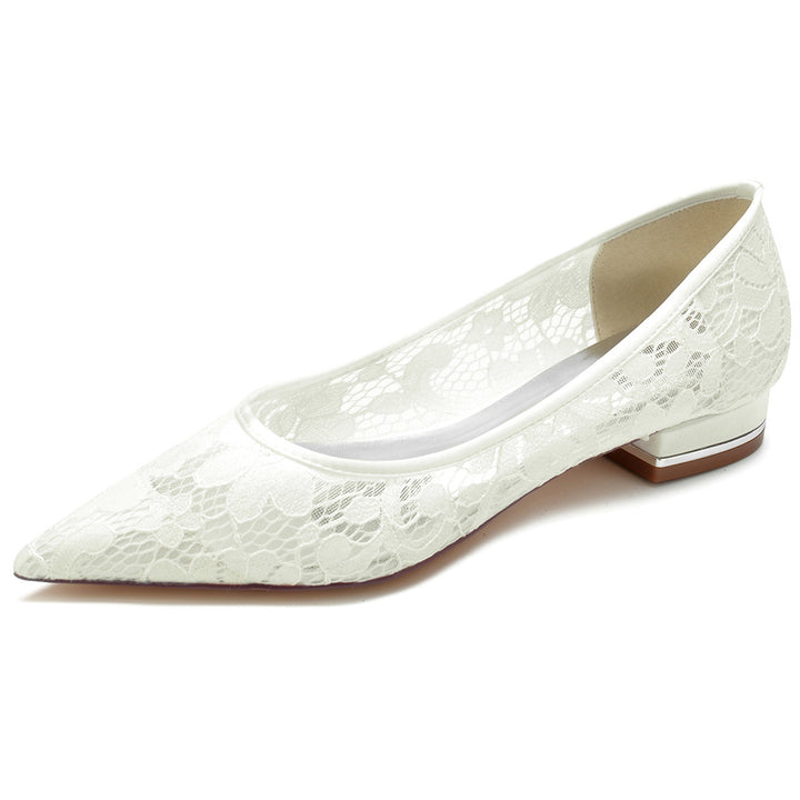 Women's Wedding Shoes Minimalist Pointed Toe Low Heel Lace Bridal Shoes