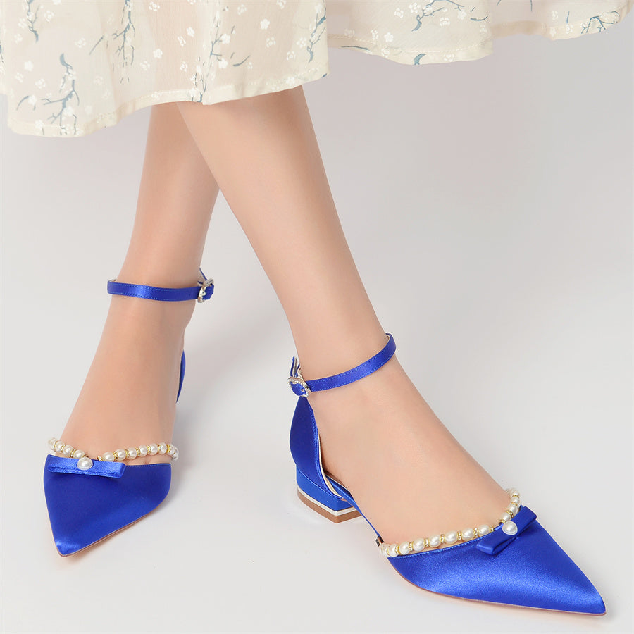 Women's Wedding Shoes Pointed Toe Low Heel Elegant Bridal Shoes with Pearls