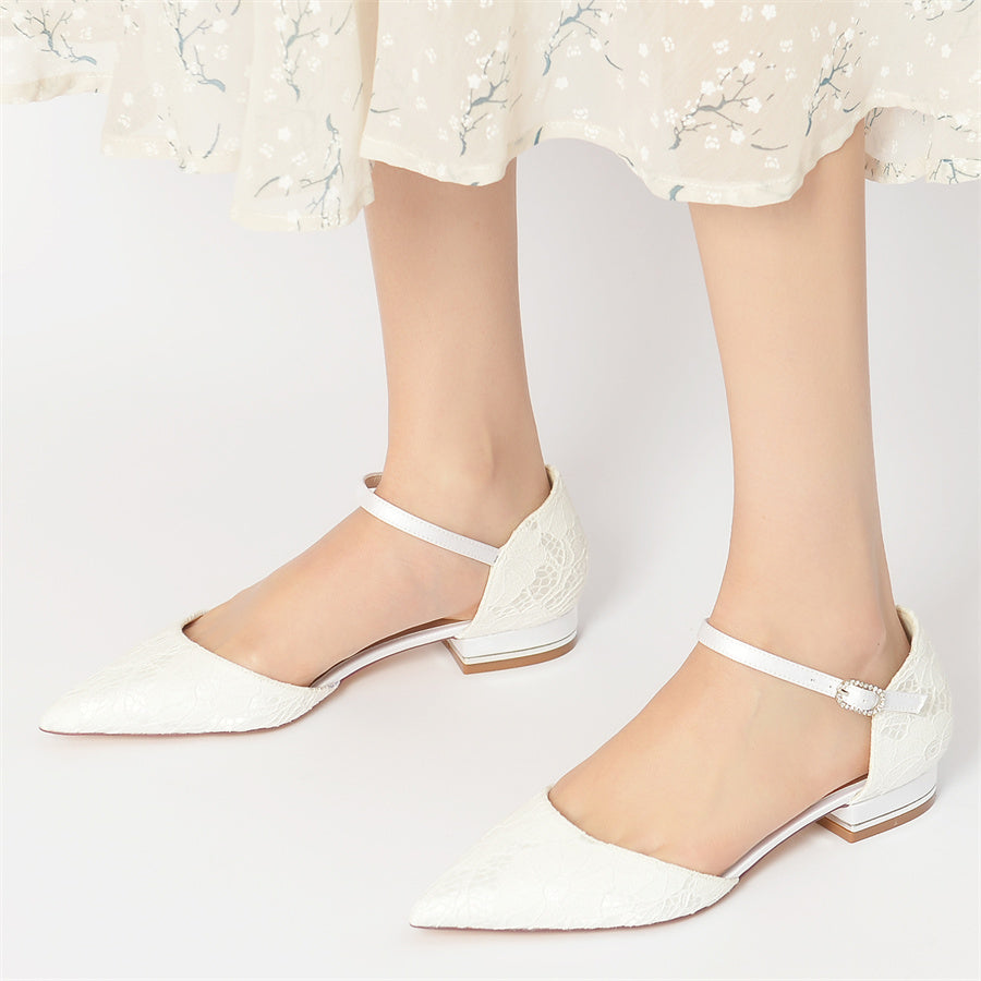 Women's Wedding Shoes Minimalist Pointed Toe Low Heel Lace Bridal Shoes