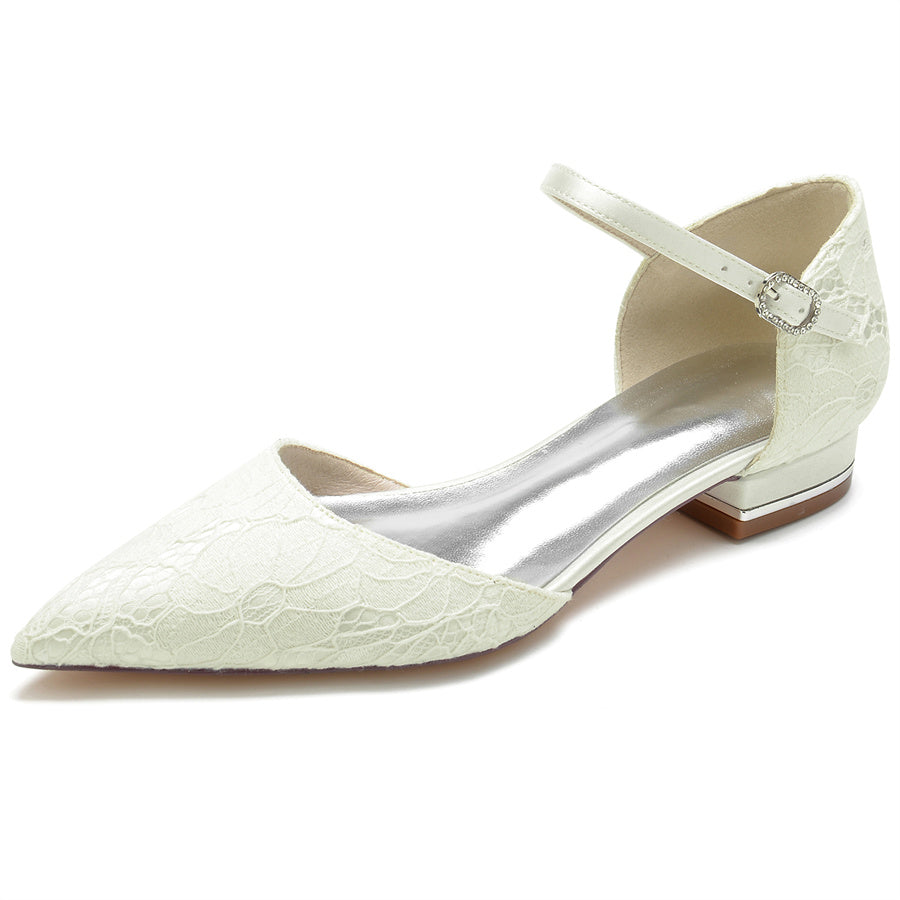 Women's Wedding Shoes Minimalist Pointed Toe Low Heel Lace Bridal Shoes