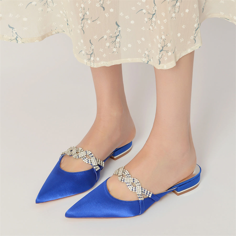 Women's Wedding Shoes Pointed Toe Slippers Low Heel Bridal Shoes with Crystals