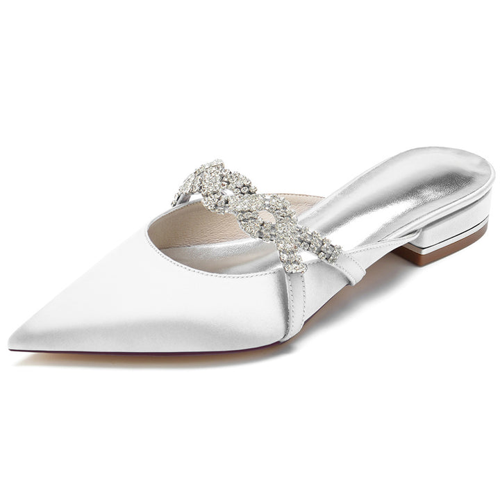 Women's Wedding Shoes Pointed Toe Slippers Low Heel Bridal Shoes with Crystals