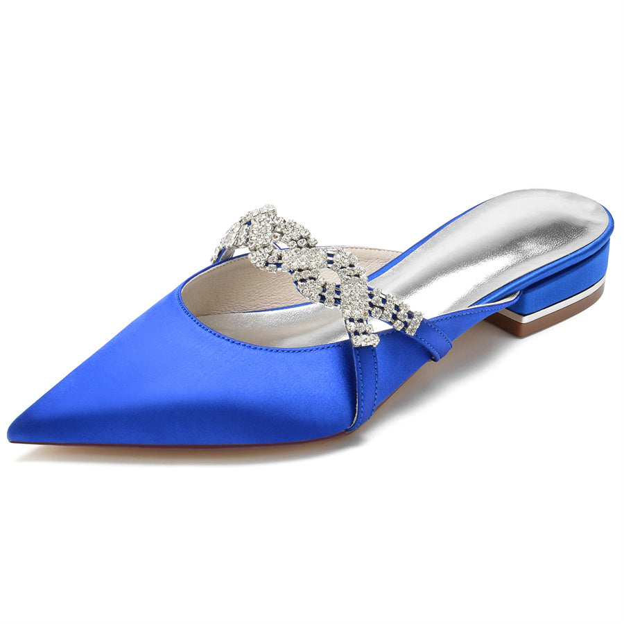 Women's Wedding Shoes Pointed Toe Slippers Low Heel Bridal Shoes with Crystals