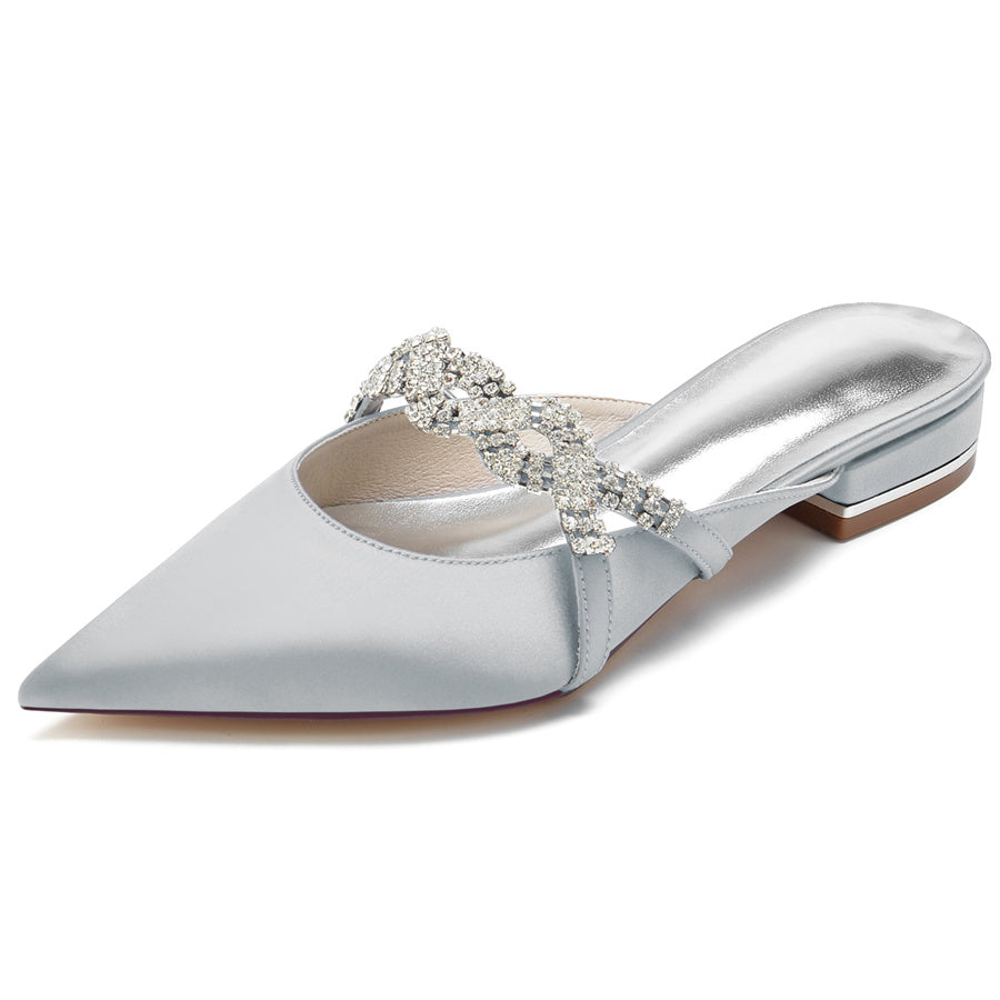 Women's Wedding Shoes Pointed Toe Slippers Low Heel Bridal Shoes with Crystals