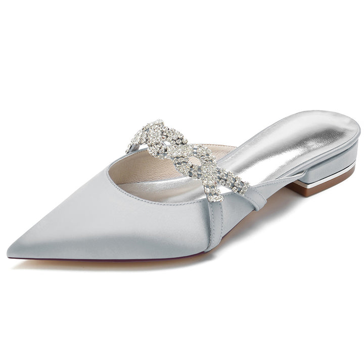 Women's Wedding Shoes Pointed Toe Slippers Low Heel Bridal Shoes with Crystals