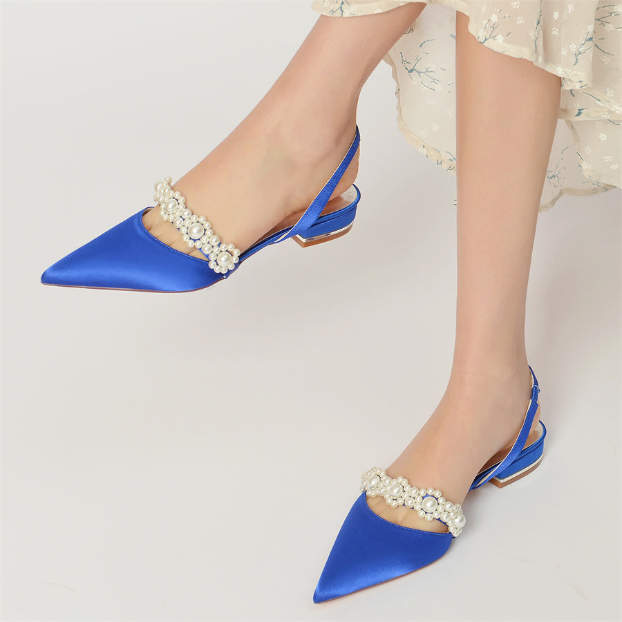 Women's Wedding Shoes Pointed Toe Low Heel Elegant Bridal Shoes with Pearls