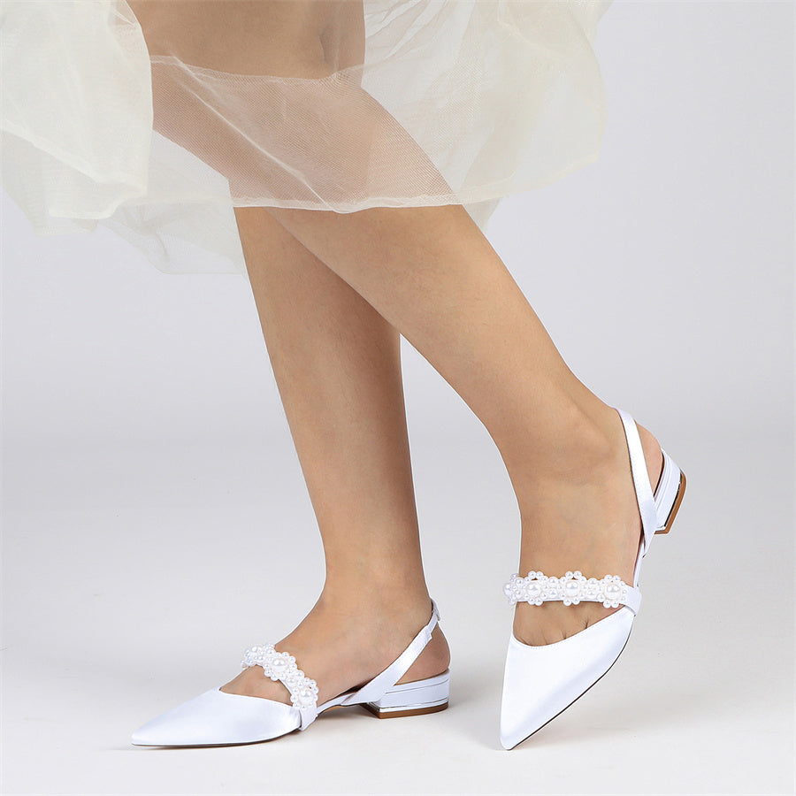 Women's Wedding Shoes Pointed Toe Low Heel Elegant Bridal Shoes with Pearls