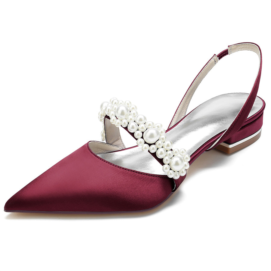 Women's Wedding Shoes Pointed Toe Low Heel Elegant Bridal Shoes with Pearls