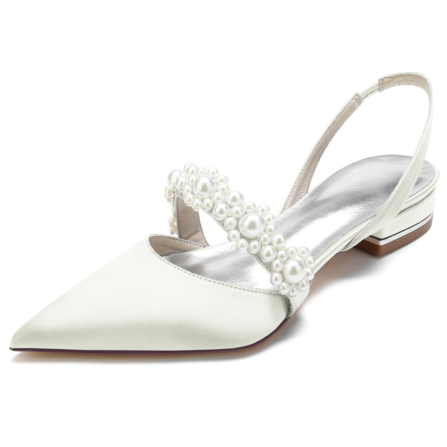 Women's Wedding Shoes Pointed Toe Low Heel Elegant Bridal Shoes with Pearls