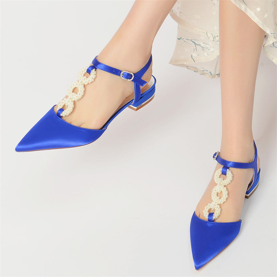 Women's Wedding Shoes Pointed Toe Low Heel Elegant Bridal Shoes with Pearls Strap