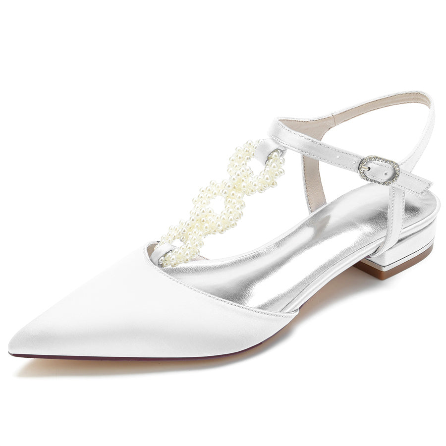 Women's Wedding Shoes Pointed Toe Low Heel Elegant Bridal Shoes with Pearls Strap