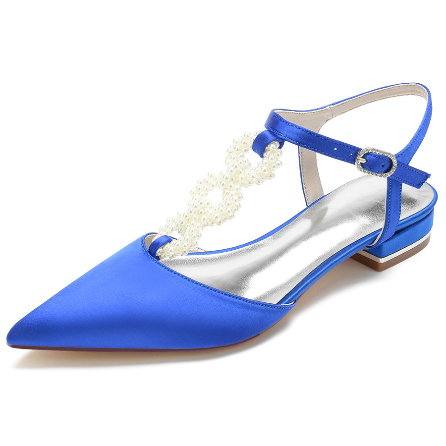 Women's Wedding Shoes Pointed Toe Low Heel Elegant Bridal Shoes with Pearls Strap