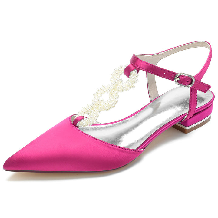 Women's Wedding Shoes Pointed Toe Low Heel Elegant Bridal Shoes with Pearls Strap