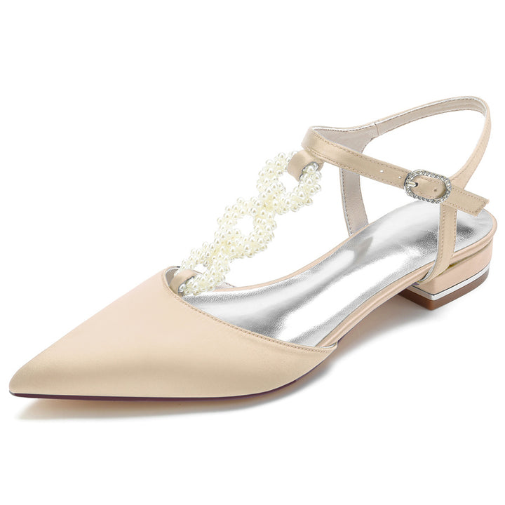 Women's Wedding Shoes Pointed Toe Low Heel Elegant Bridal Shoes with Pearls Strap