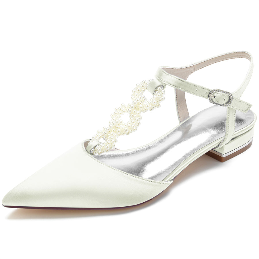 Women's Wedding Shoes Pointed Toe Low Heel Elegant Bridal Shoes with Pearls Strap