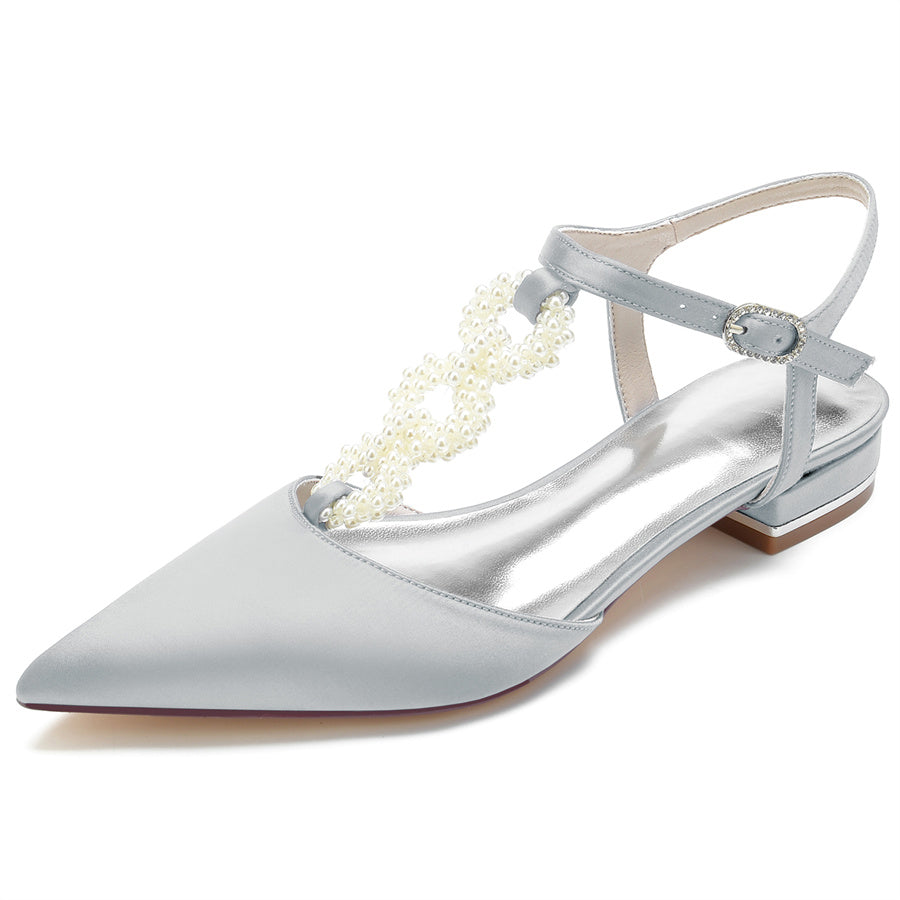 Women's Wedding Shoes Pointed Toe Low Heel Elegant Bridal Shoes with Pearls Strap