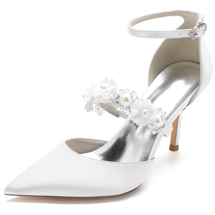 Women's Wedding Shoes Pointed Toe High Heel Bridal Shoes with Pearls & Flowers