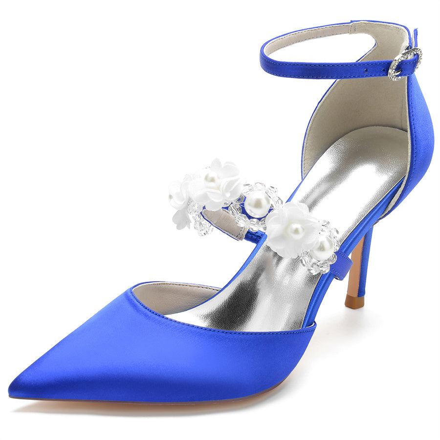 Women's Wedding Shoes Pointed Toe High Heel Bridal Shoes with Pearls & Flowers