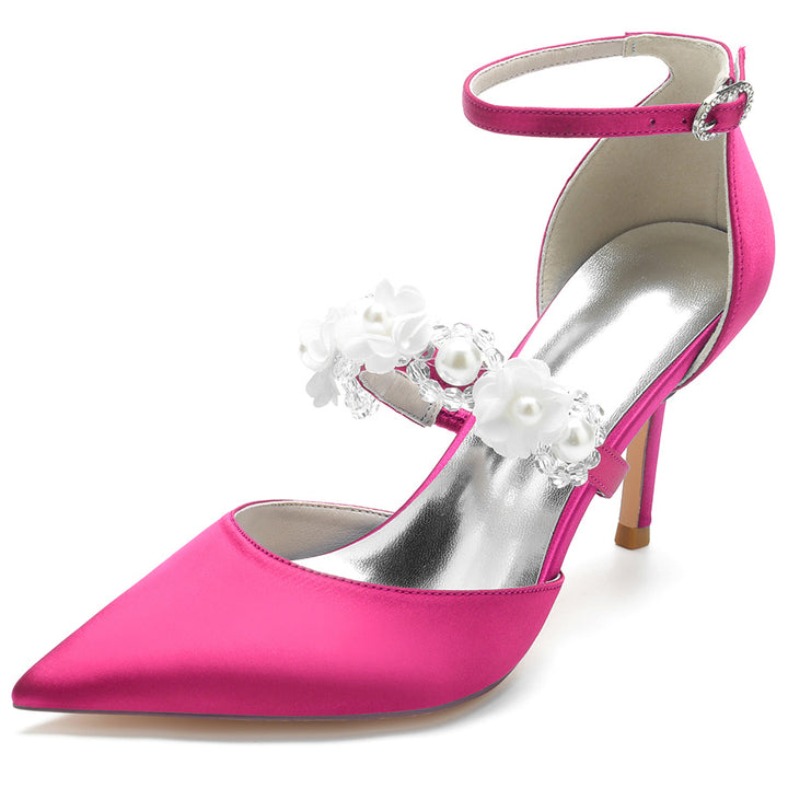 Women's Wedding Shoes Pointed Toe High Heel Bridal Shoes with Pearls & Flowers