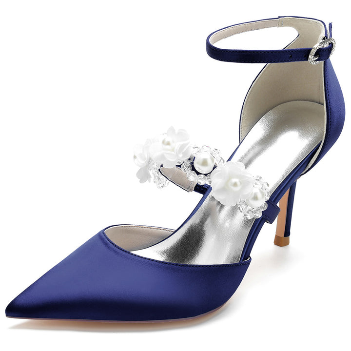 Women's Wedding Shoes Pointed Toe High Heel Bridal Shoes with Pearls & Flowers