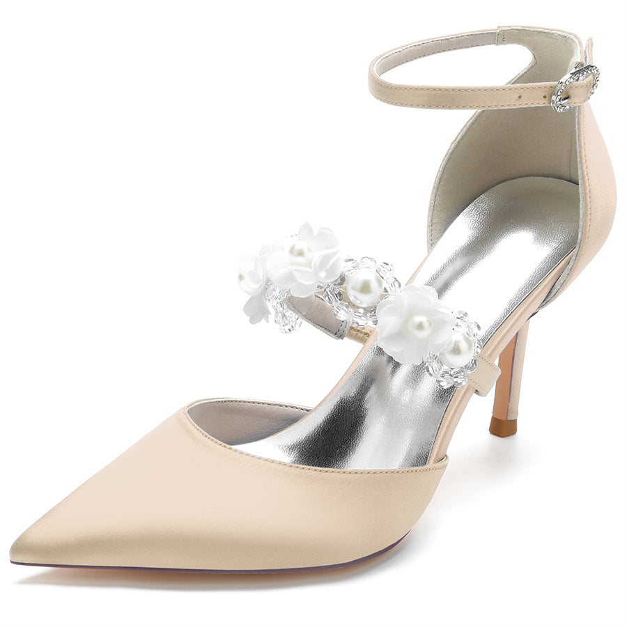 Women's Wedding Shoes Pointed Toe High Heel Bridal Shoes with Pearls & Flowers