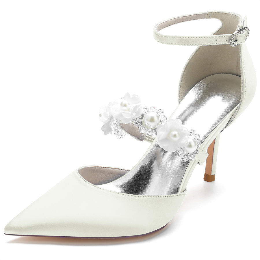 Women's Wedding Shoes Pointed Toe High Heel Bridal Shoes with Pearls & Flowers