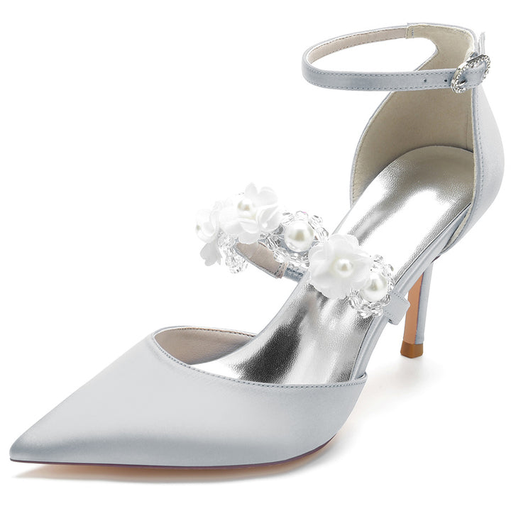 Women's Wedding Shoes Pointed Toe High Heel Bridal Shoes with Pearls & Flowers