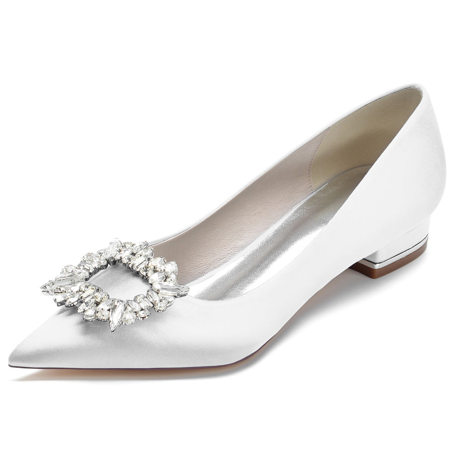 Women's Wedding Shoes Pointed Toe Low Heel Bridal Shoes with Square Crystals