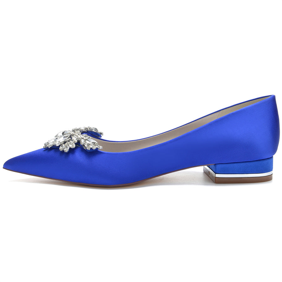 Women's Wedding Shoes Silk Satin Pointed Toe Low Heel Bridal Shoes with Rhinestones