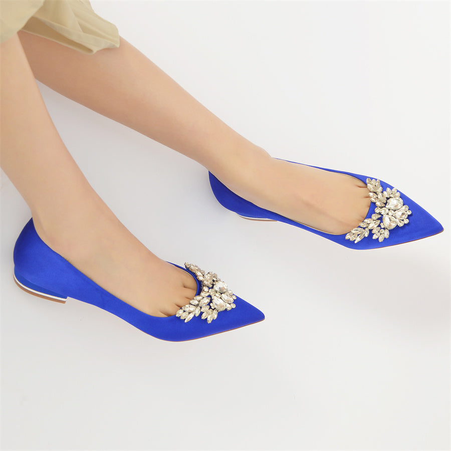 Women's Wedding Shoes Silk Satin Pointed Toe Low Heel Bridal Shoes with Rhinestones