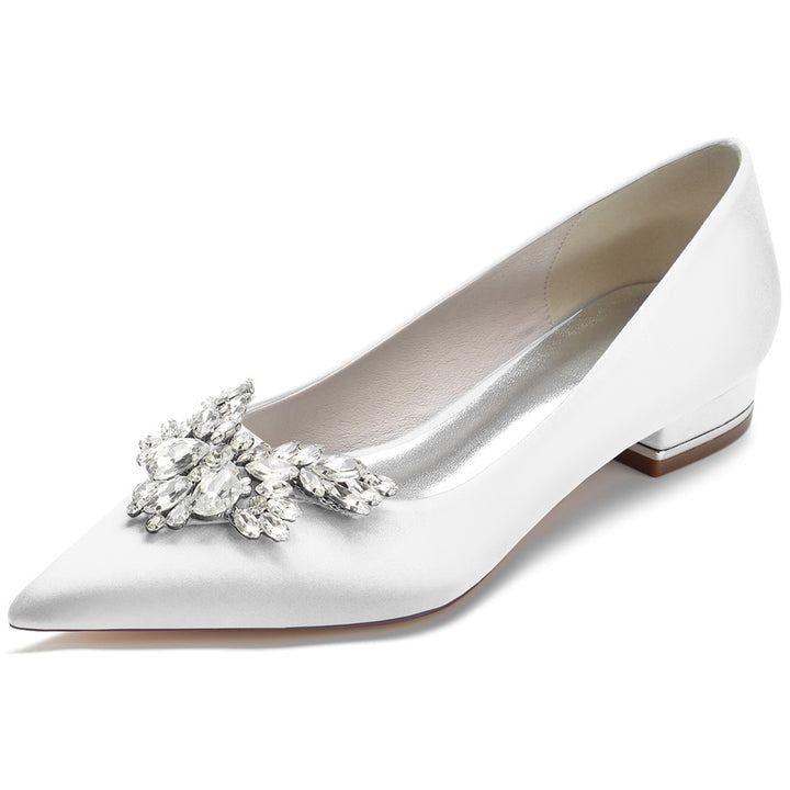 Women's Wedding Shoes Silk Satin Pointed Toe Low Heel Bridal Shoes with Rhinestones