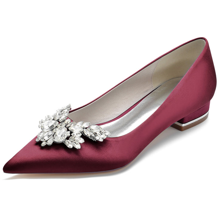 Women's Wedding Shoes Silk Satin Pointed Toe Low Heel Bridal Shoes with Rhinestones