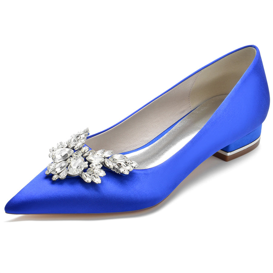 Women's Wedding Shoes Silk Satin Pointed Toe Low Heel Bridal Shoes with Rhinestones