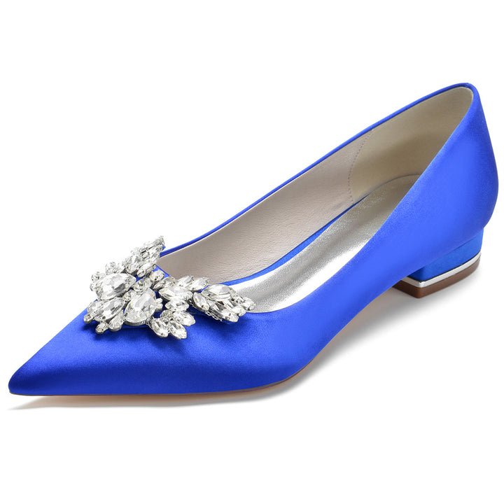 Women's Wedding Shoes Silk Satin Pointed Toe Low Heel Bridal Shoes with Rhinestones