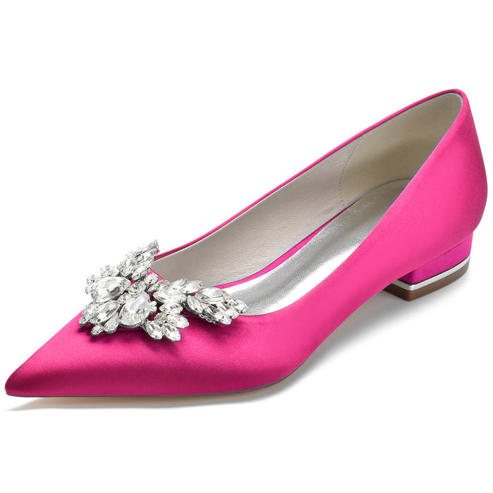 Women's Wedding Shoes Silk Satin Pointed Toe Low Heel Bridal Shoes with Rhinestones